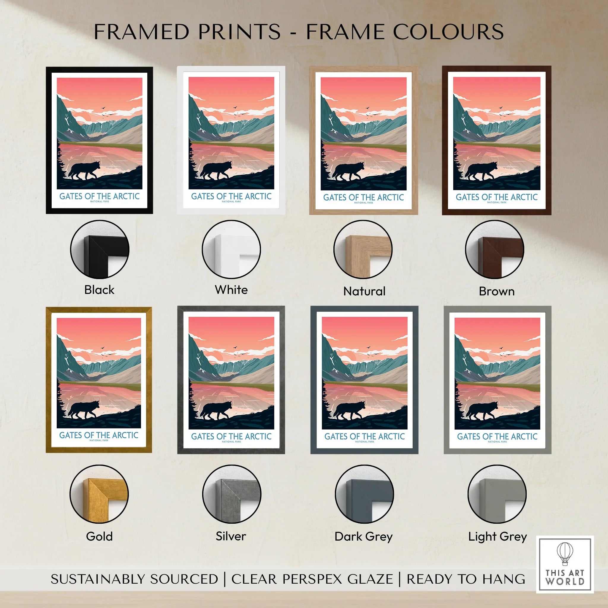 Gates of the Arctic print with mountain landscape, bear silhouette, shown in eight frame colours