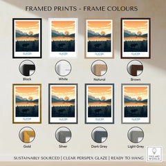 Glacier National Park art print in eight frame color options with sunset mountains and trees.