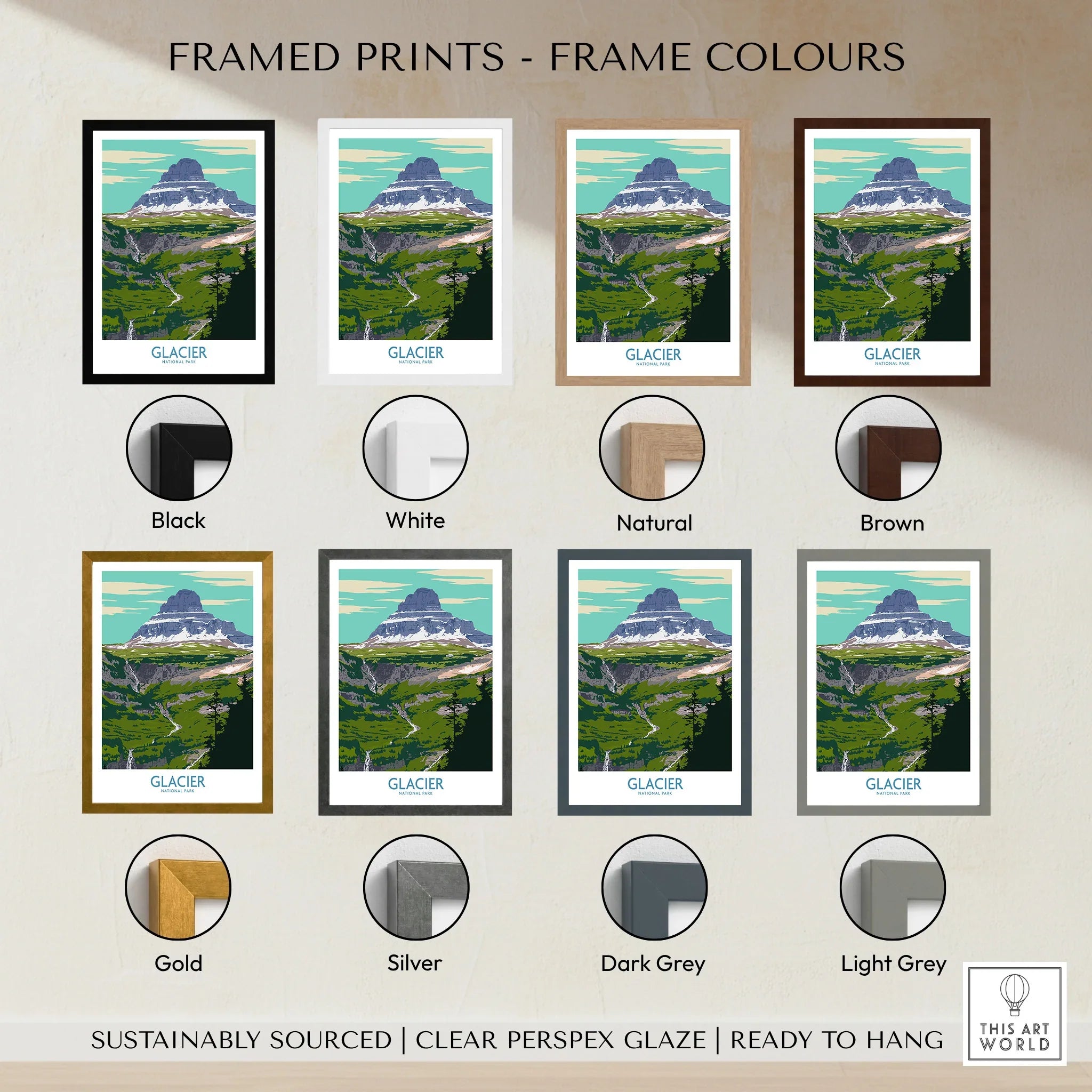 Glacier National Park travel poster with eight frame color options: black, white, natural, brown, gold, silver, dark grey, light grey.