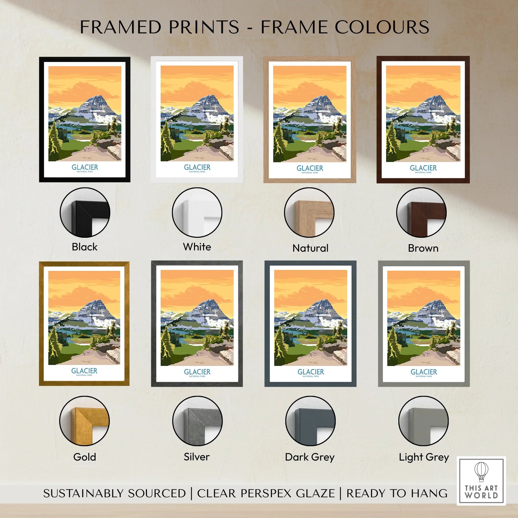 Framed Glacier National Park print wall art in eight frame color options, landscape poster.