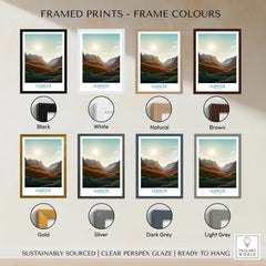Glencoe framed wall art print in eight frame colors with landscape illustration display