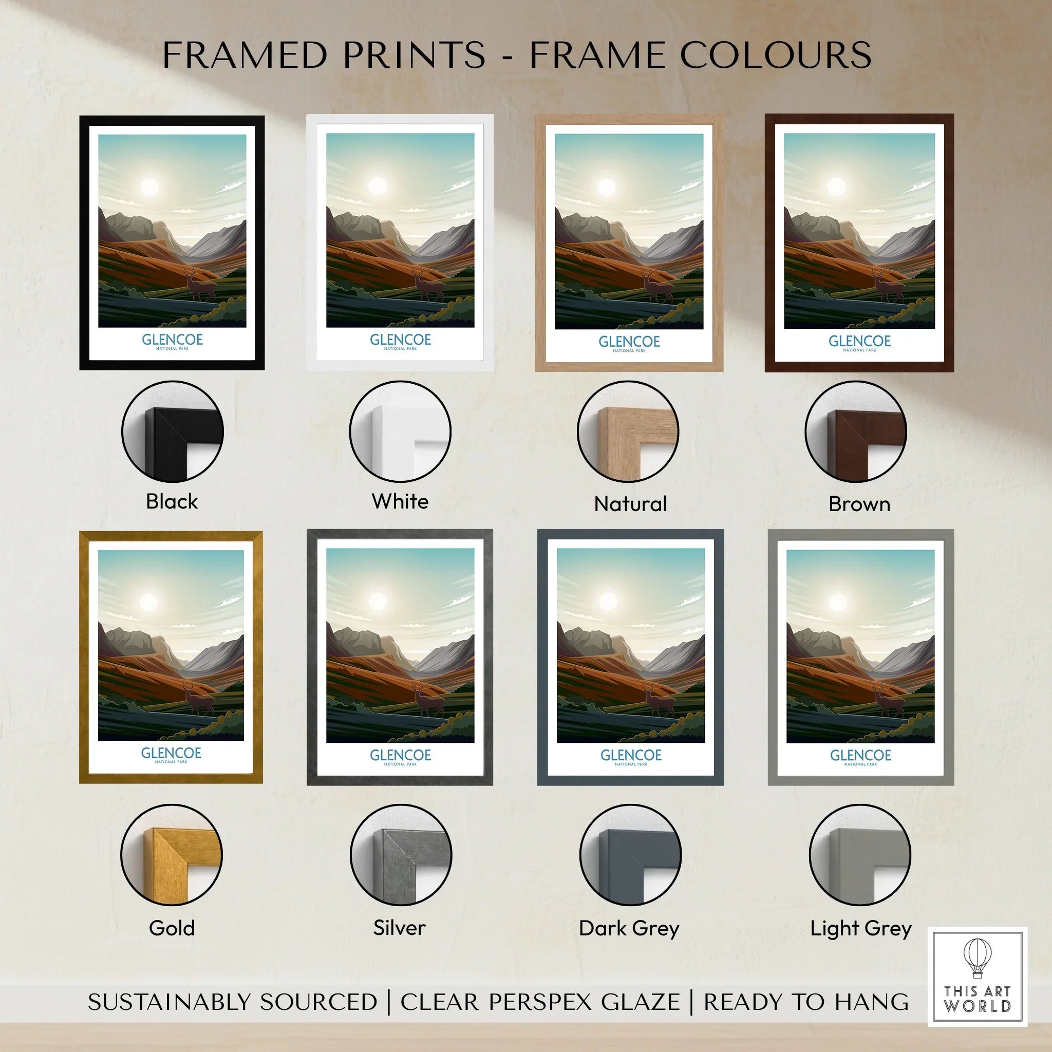Glencoe framed wall art print in eight frame colors with landscape illustration display