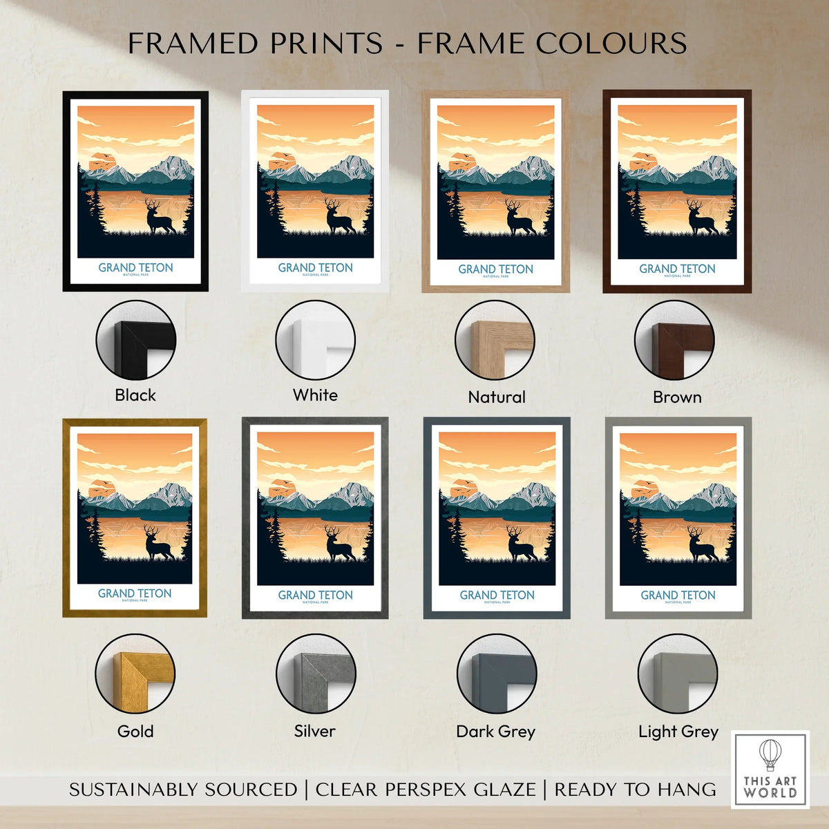 Grand Teton National Park art print with a deer silhouette, shown in eight frame color options.