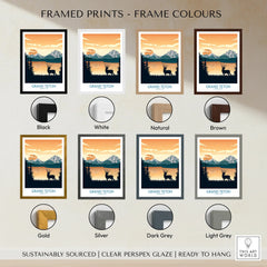 Grand Teton National Park art print with a deer silhouette, shown in eight frame color options.