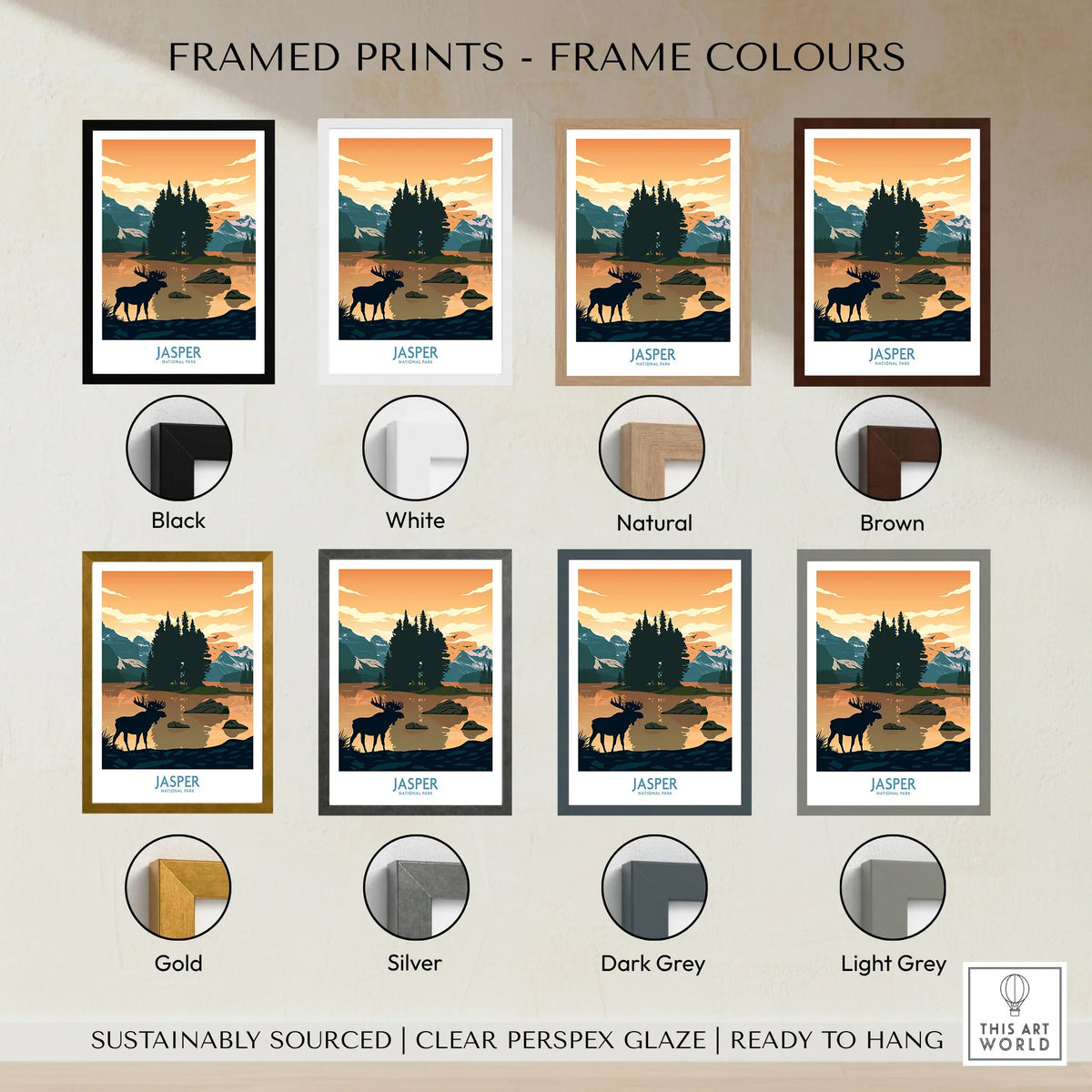 Framed Jasper National Park poster with moose, lake, mountains, shown in 8 frame color options.