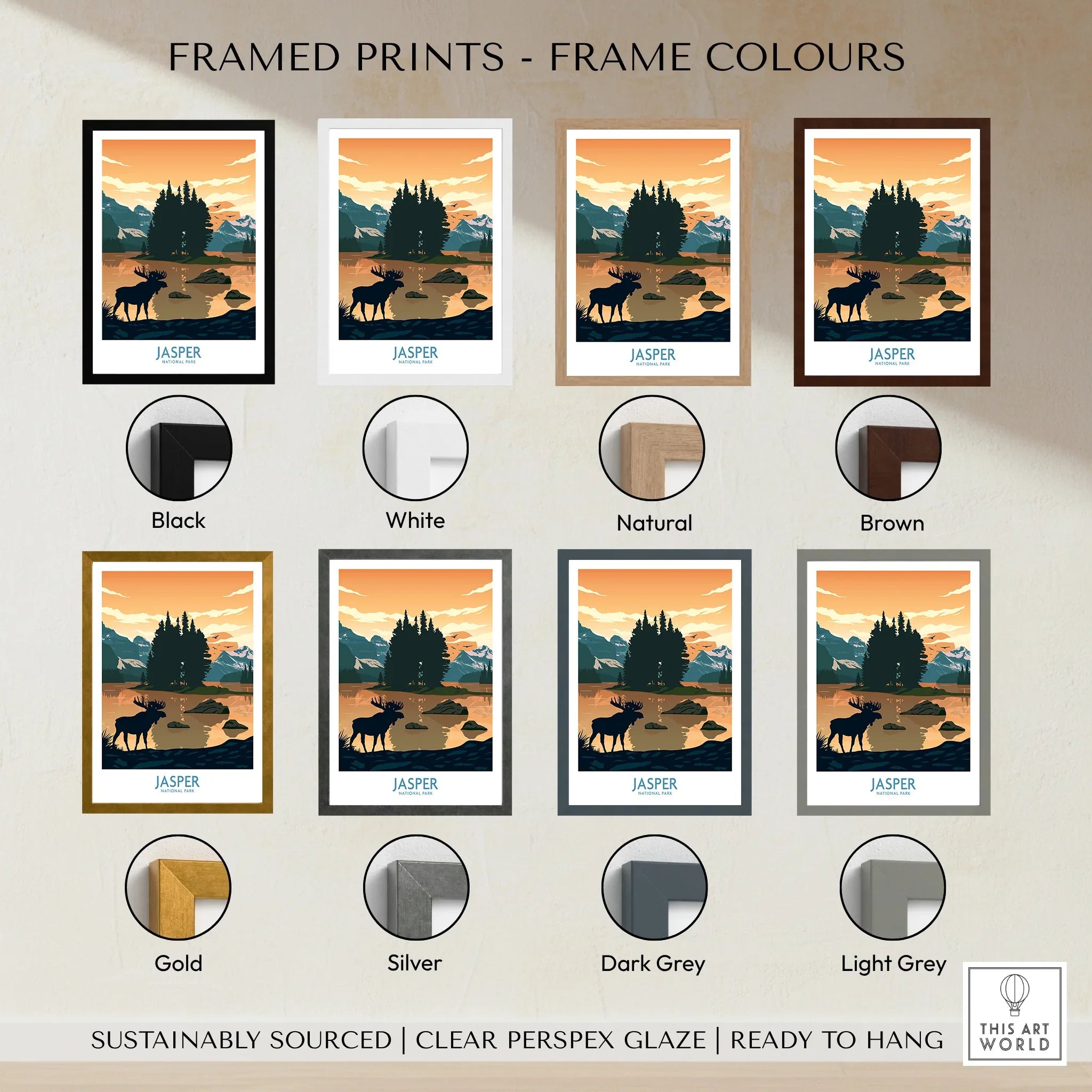 Framed Jasper National Park poster with moose, lake, mountains, shown in 8 frame color options.