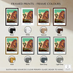 Joshua Tree national park art print with eight frame color options: black, white, natural, brown, gold, silver, dark grey, light grey.