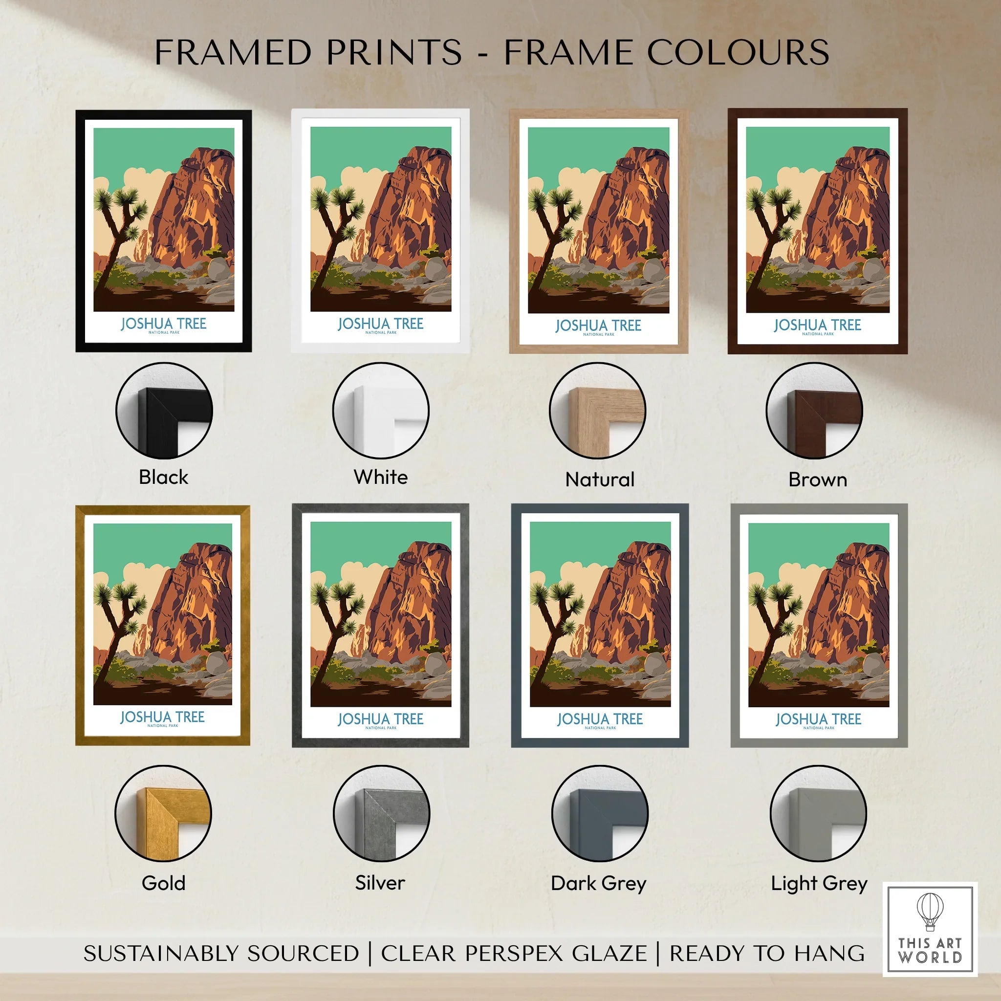 Joshua Tree national park art print with eight frame color options: black, white, natural, brown, gold, silver, dark grey, light grey.