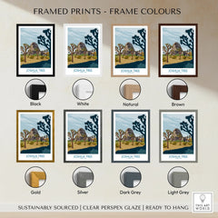 Joshua Tree travel poster wall art in eight frame color options including black, white, natural, brown, gold, silver, dark grey, and light grey.