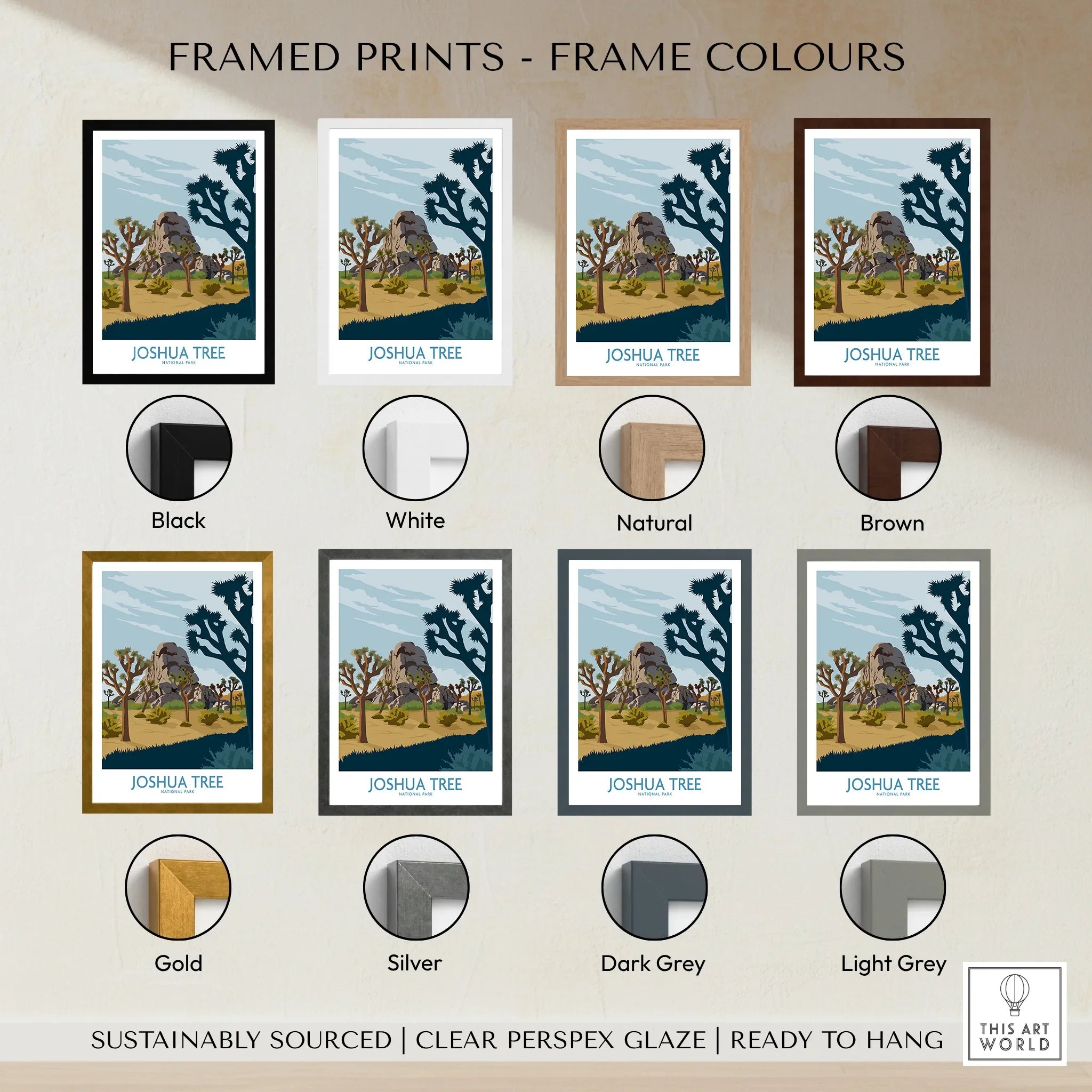 Joshua Tree travel poster wall art in eight frame color options including black, white, natural, brown, gold, silver, dark grey, and light grey.