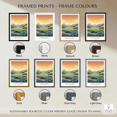Lake District travel poster with eight frame color options, including black, white, natural, brown, gold, silver, dark grey, and light grey.