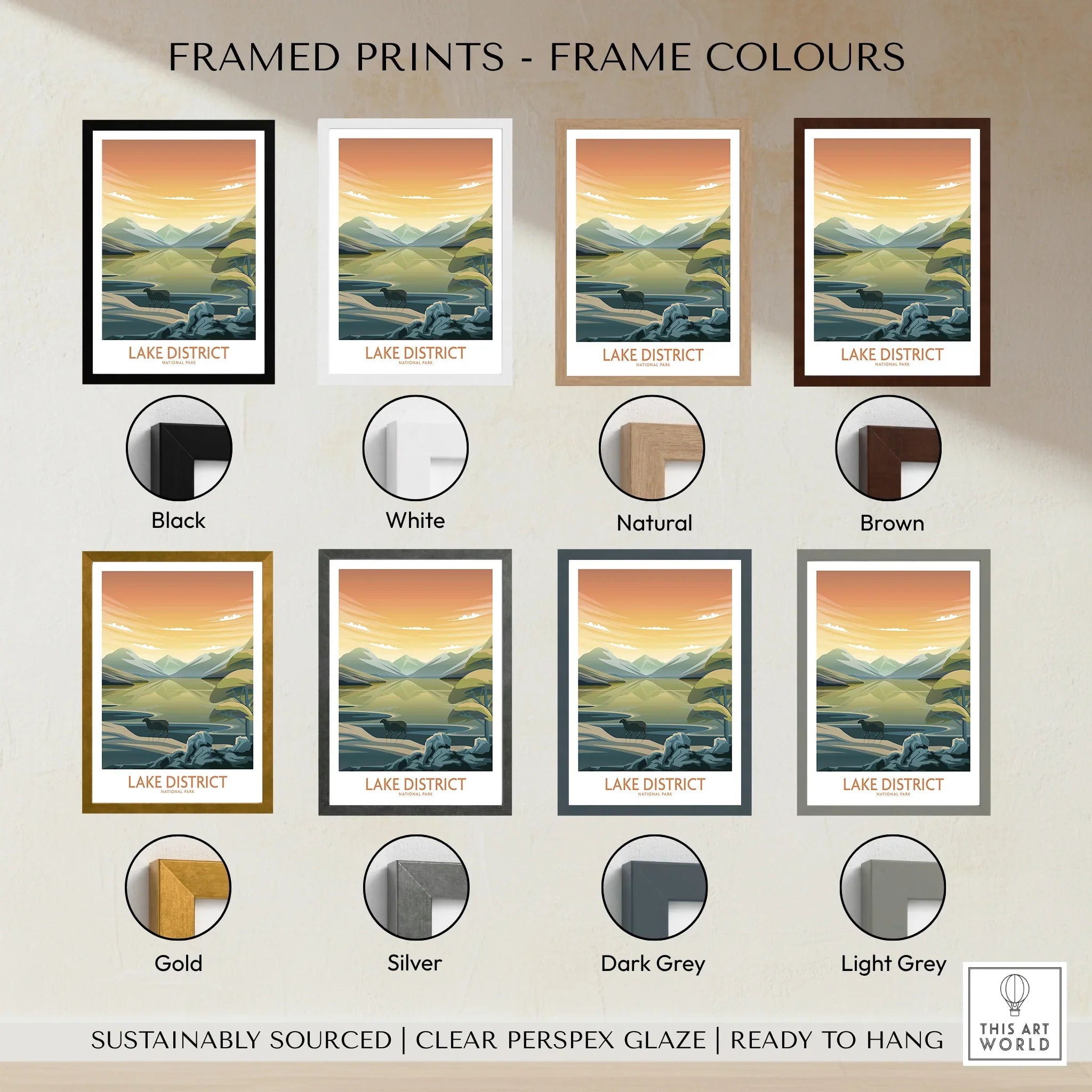 Lake District travel poster with eight frame color options, including black, white, natural, brown, gold, silver, dark grey, and light grey.