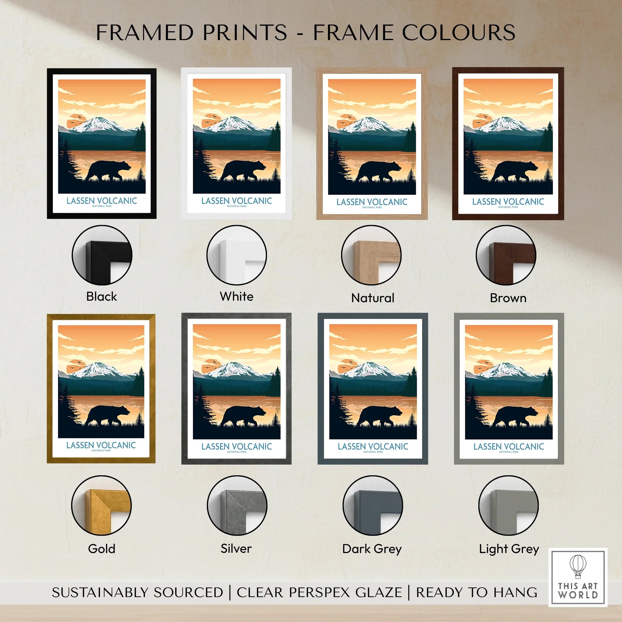 Lassen Volcanic National Park framed travel poster print in multiple frame color options