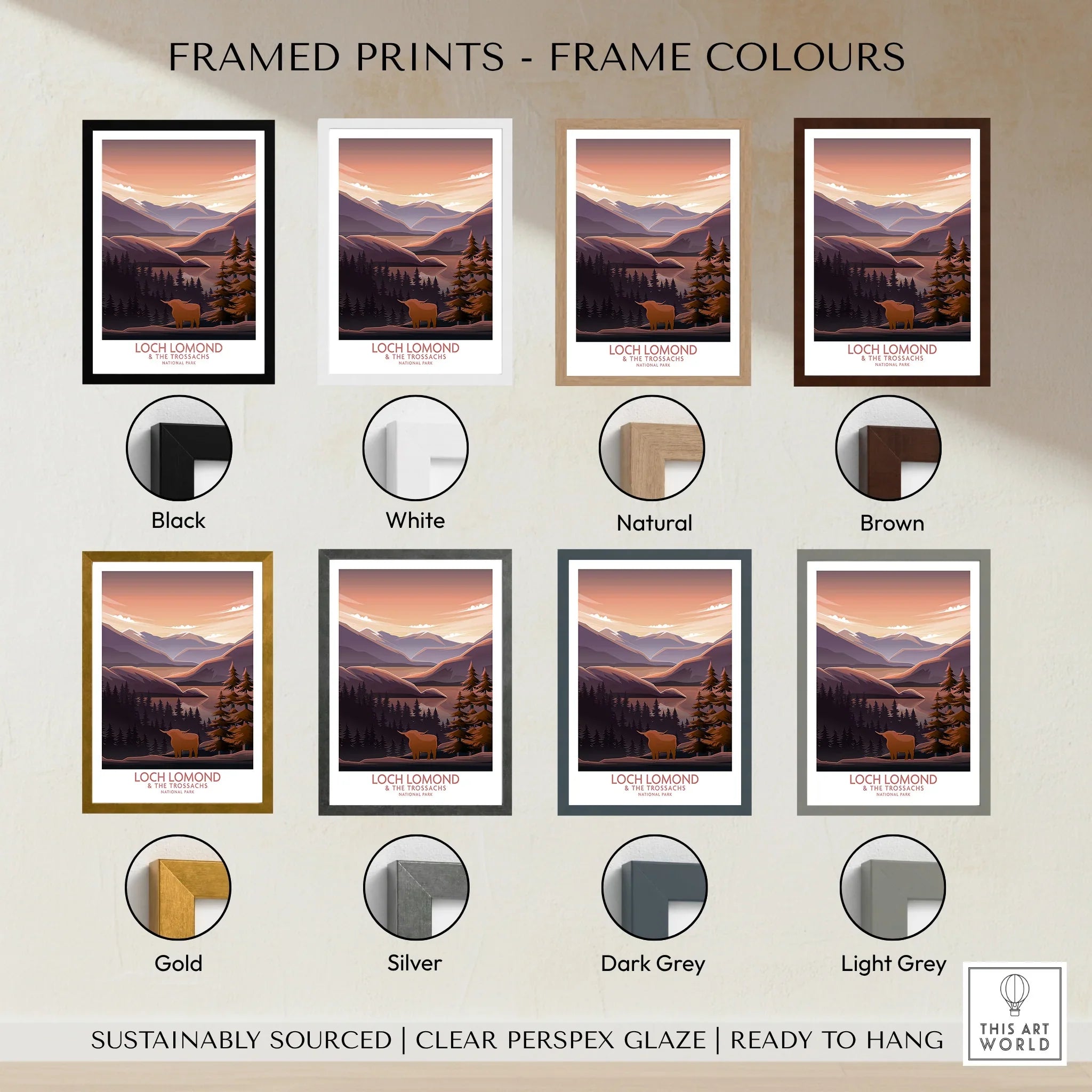 Loch Lomond travel print in seven frame colors, mountain landscape wall art options