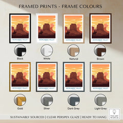 Monument Valley framed print color options with sunset landscape in various frame colors.