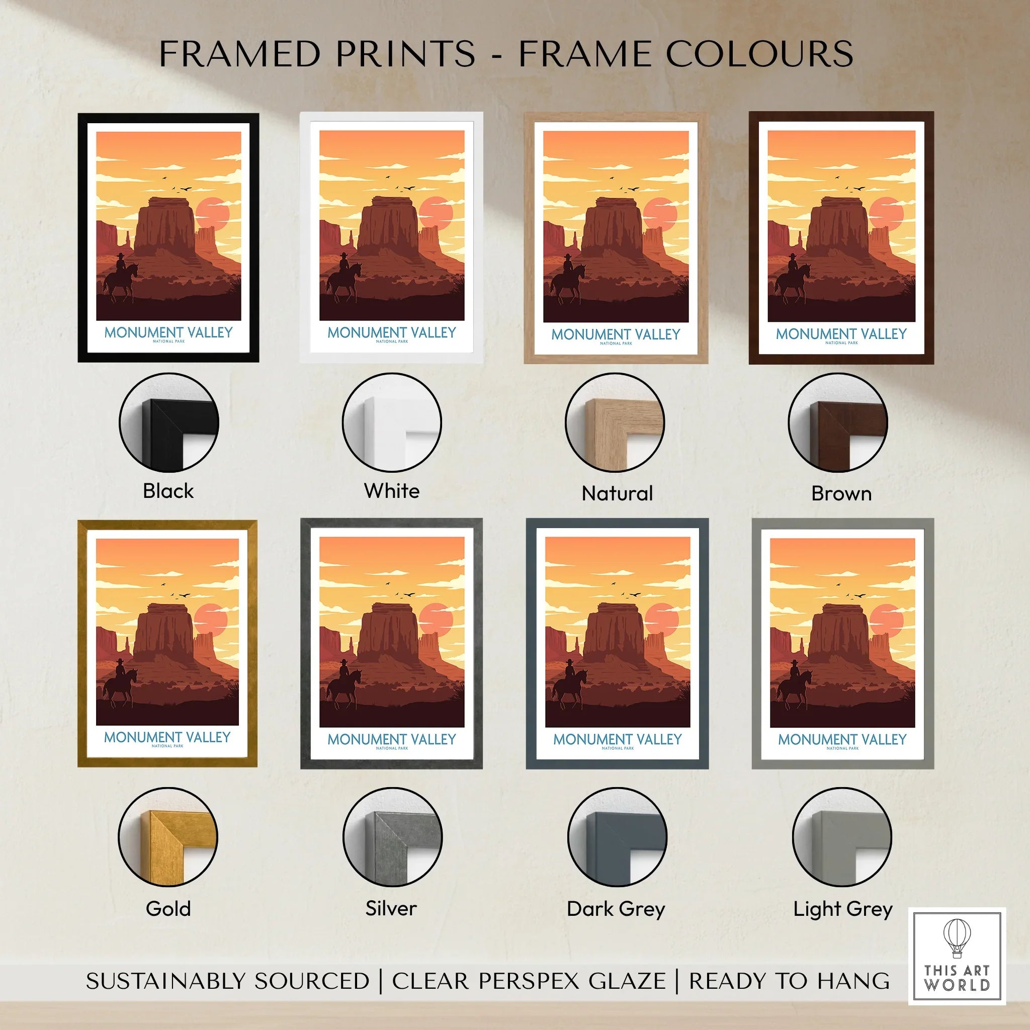 Monument Valley framed print color options with sunset landscape in various frame colors.