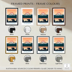Mount Rainier National Park print with bear, sunset, and multiple frame color options.