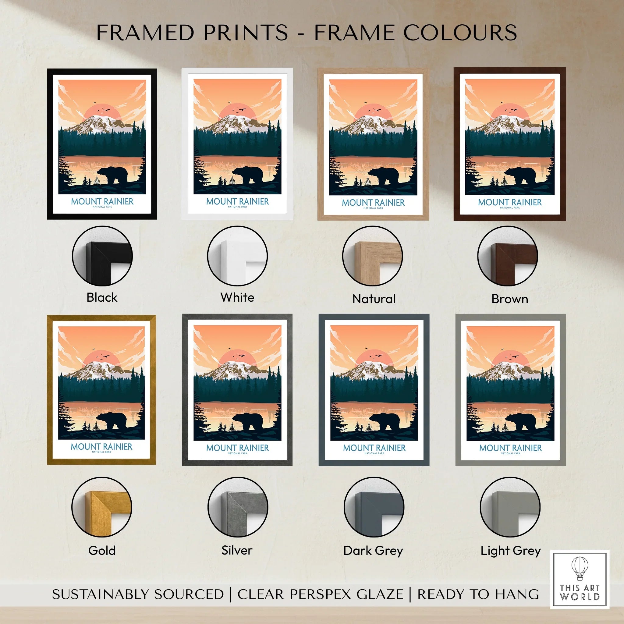 Mount Rainier National Park print with bear, sunset, and multiple frame color options.