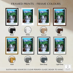 Mount Rainier framed print in various frame colors, national park wall art options displayed.