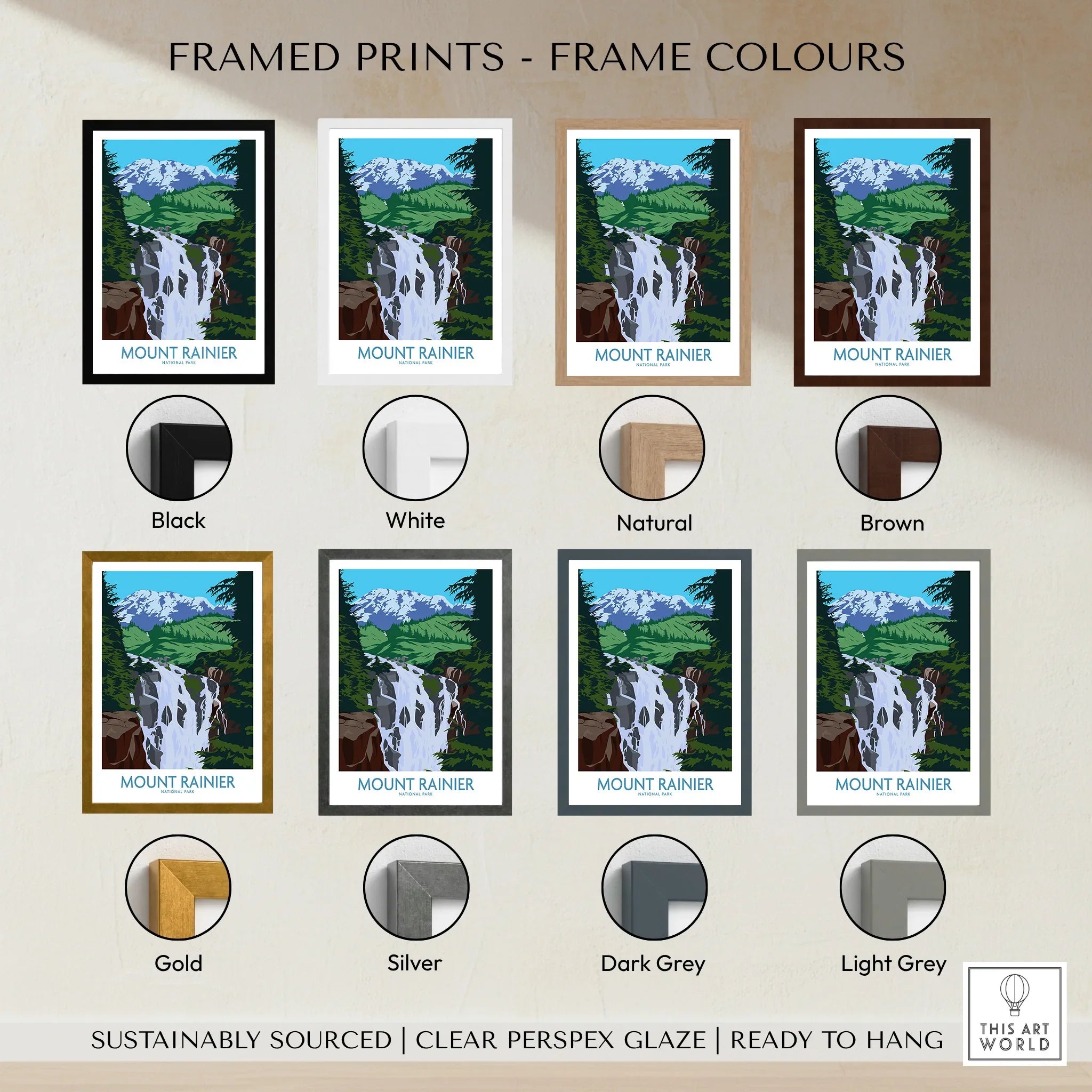 Mount Rainier framed print in various frame colors, national park wall art options displayed.