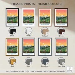 Mount Rainier National Park print with sunset, shown in eight different frame colors.