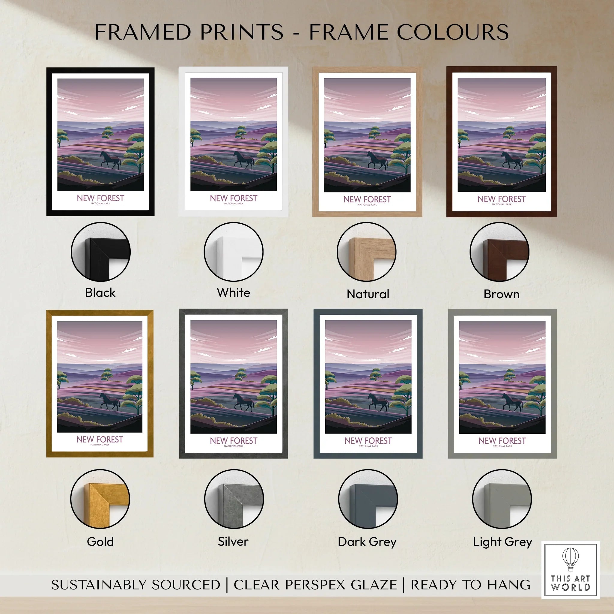New Forest travel art print with eight frame color options, ideal for home decor.