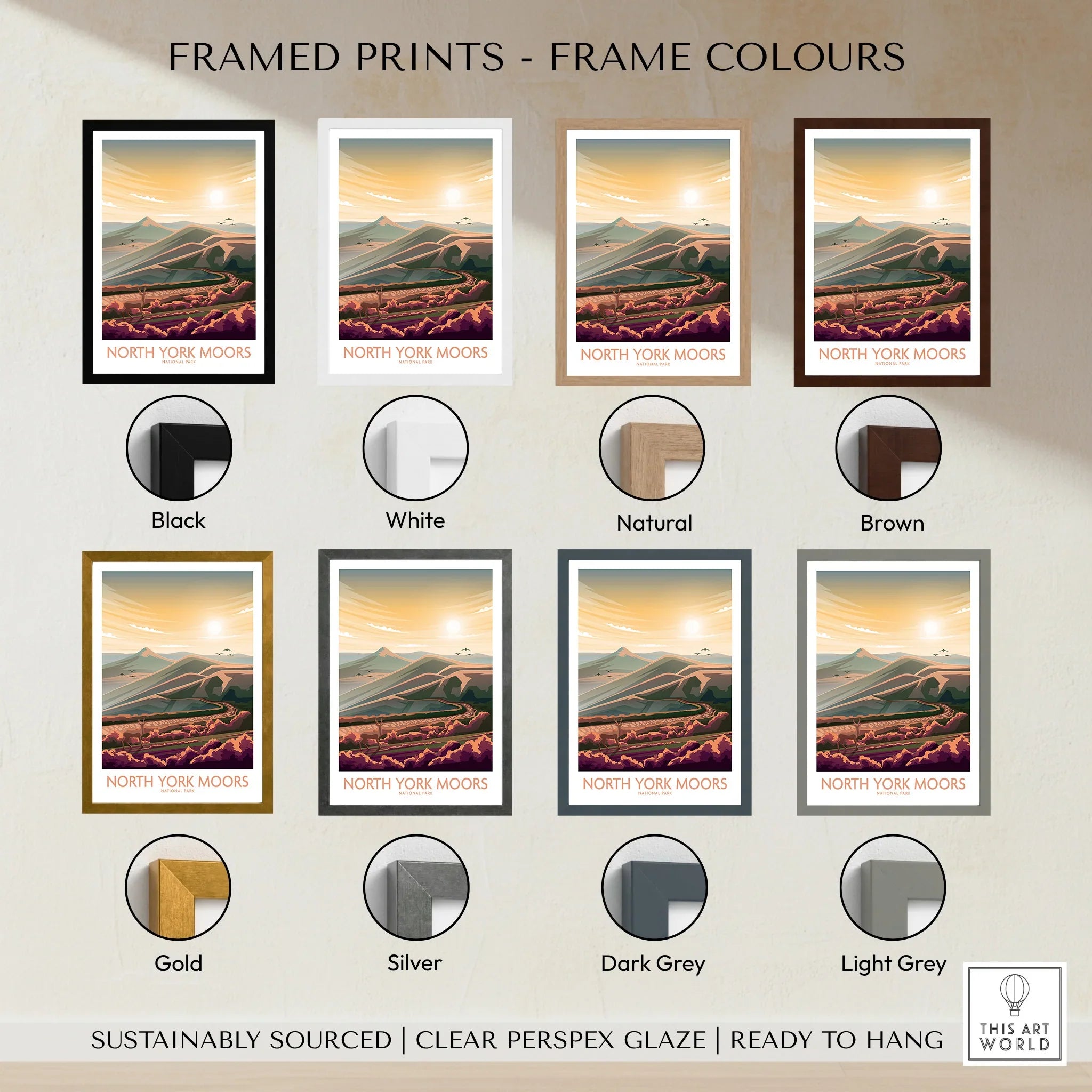 North York Moors travel poster print in eight frame color options, landscape wall art