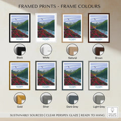 Olympic National Park wall art print in eight frame colors: black, white, natural, brown, gold, silver, dark grey, light grey.