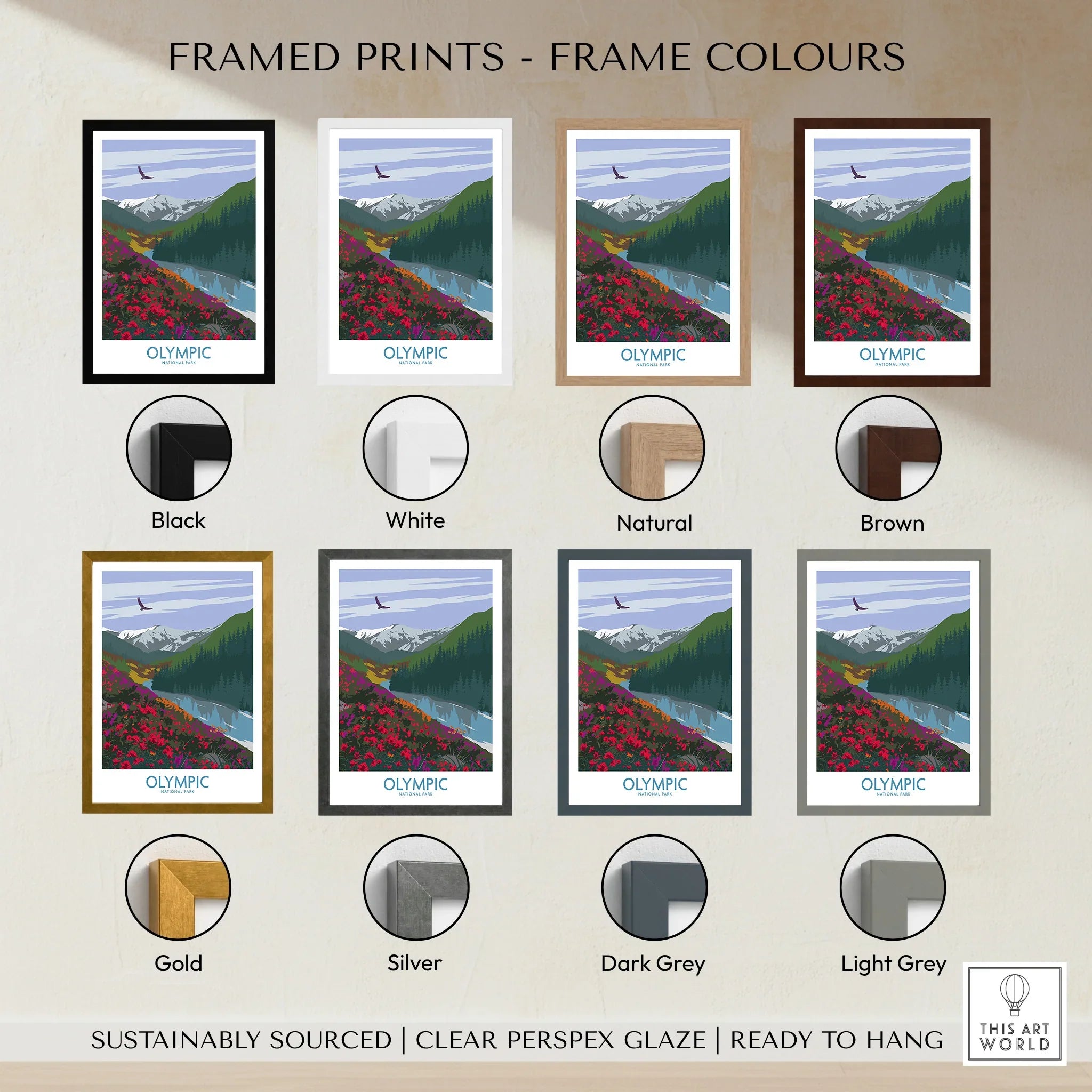 Olympic National Park wall art print in eight frame colors: black, white, natural, brown, gold, silver, dark grey, light grey.