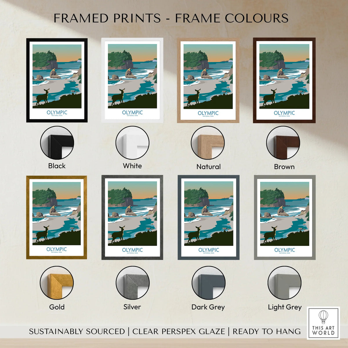 Olympic National Park art print with coastal scene and deer, shown in eight frame color options.