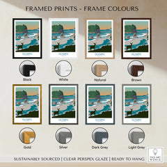Olympic National Park art print with coastal scene and deer, shown in eight frame color options.