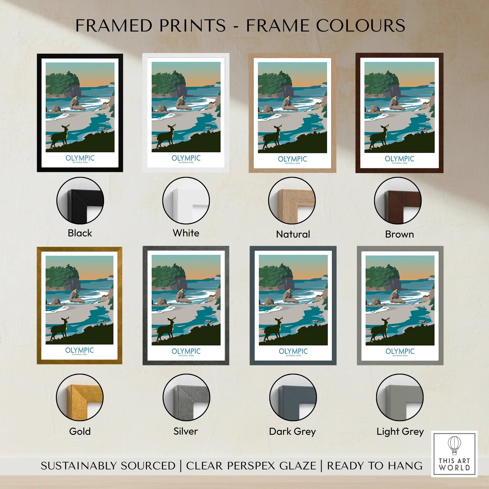 Olympic National Park art print with coastal scene and deer, shown in eight frame color options.