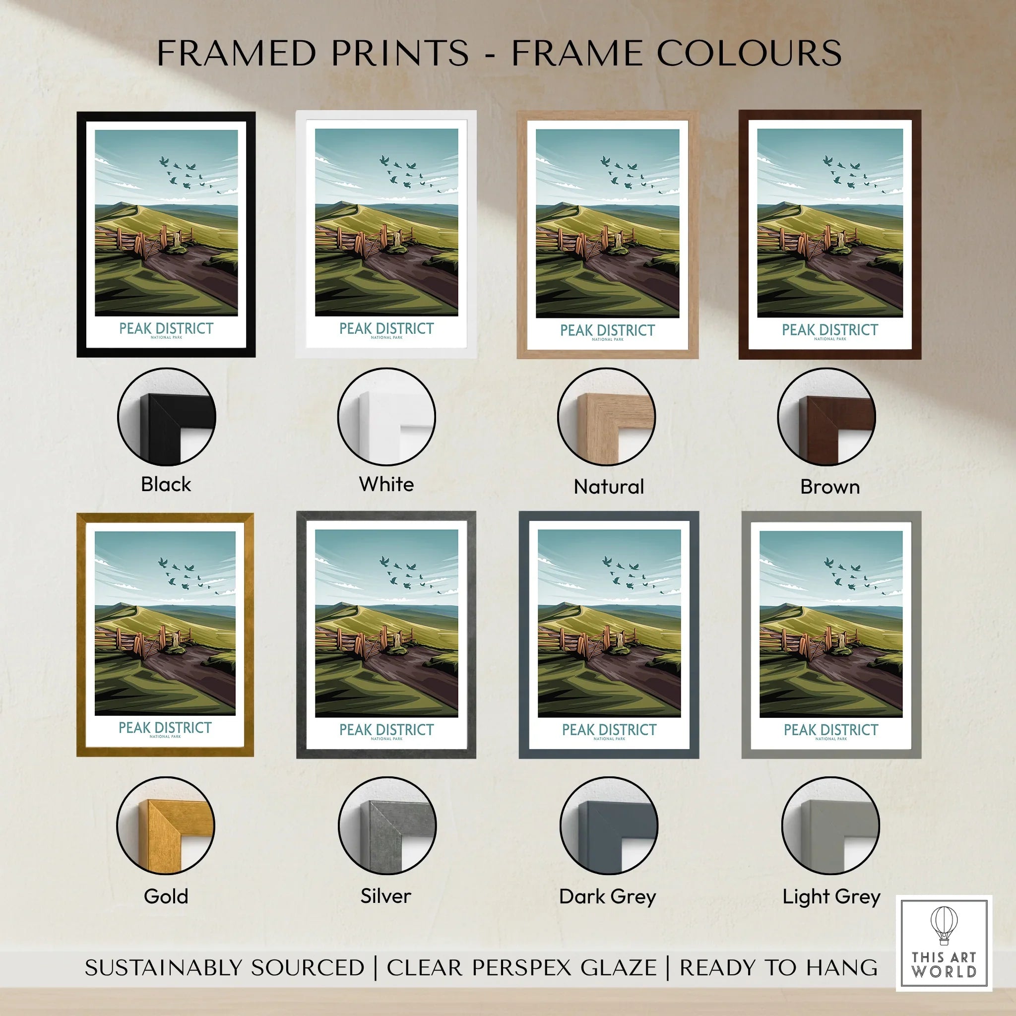 Peak District travel poster print with eight frame color options, landscape wall art