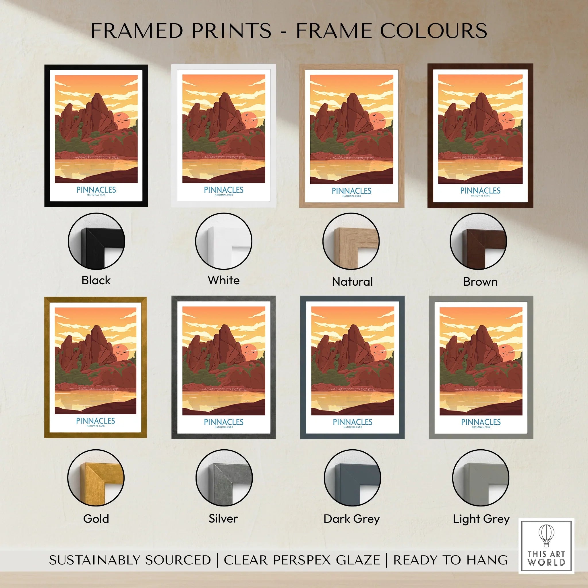 Pinnacles National Park poster print, sunset landscape, shown with eight frame color options.