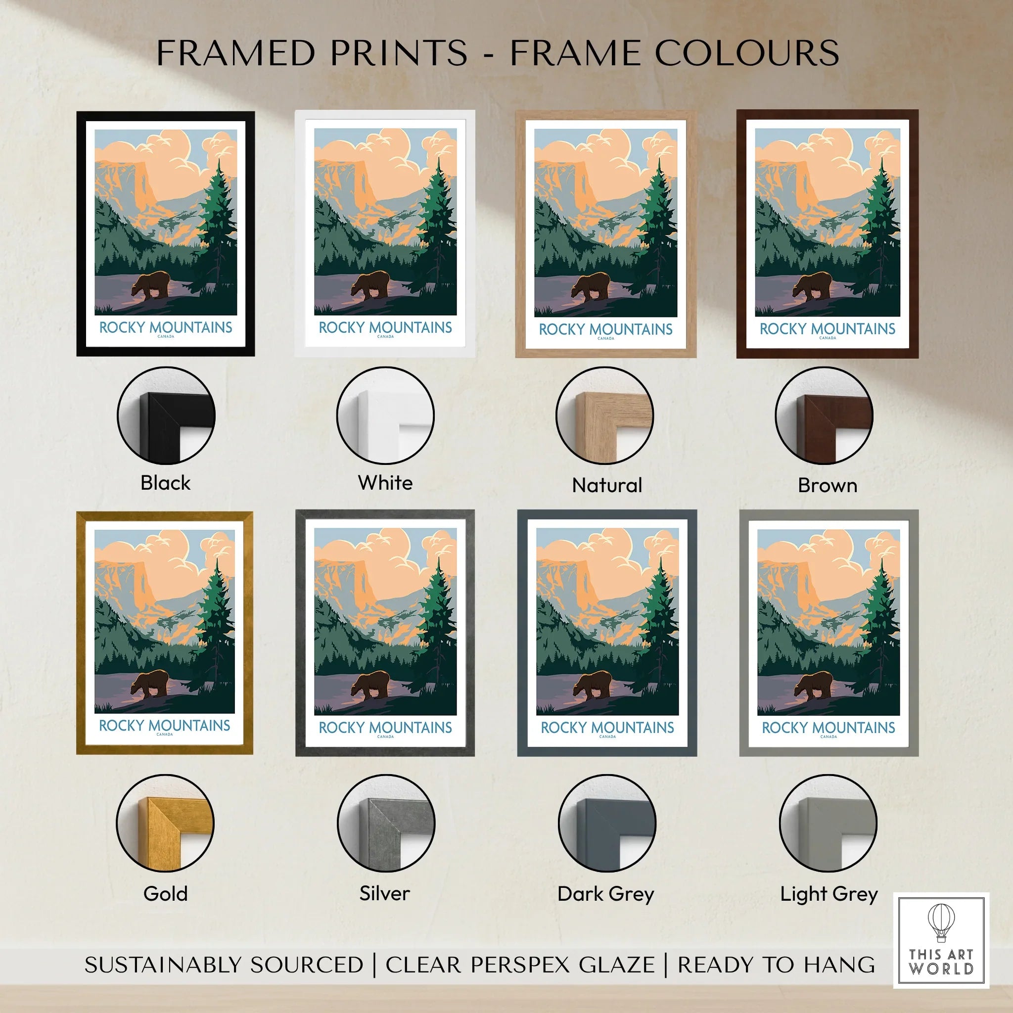 Rocky Mountains framed print with bear, mountain landscape and eight frame color options