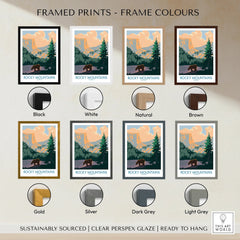 Rocky Mountains travel poster print with bear and pine trees in seven frame color options.