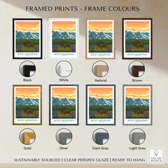 Rocky Mountain framed print wall art in various frame colors, landscape with mountains and elk