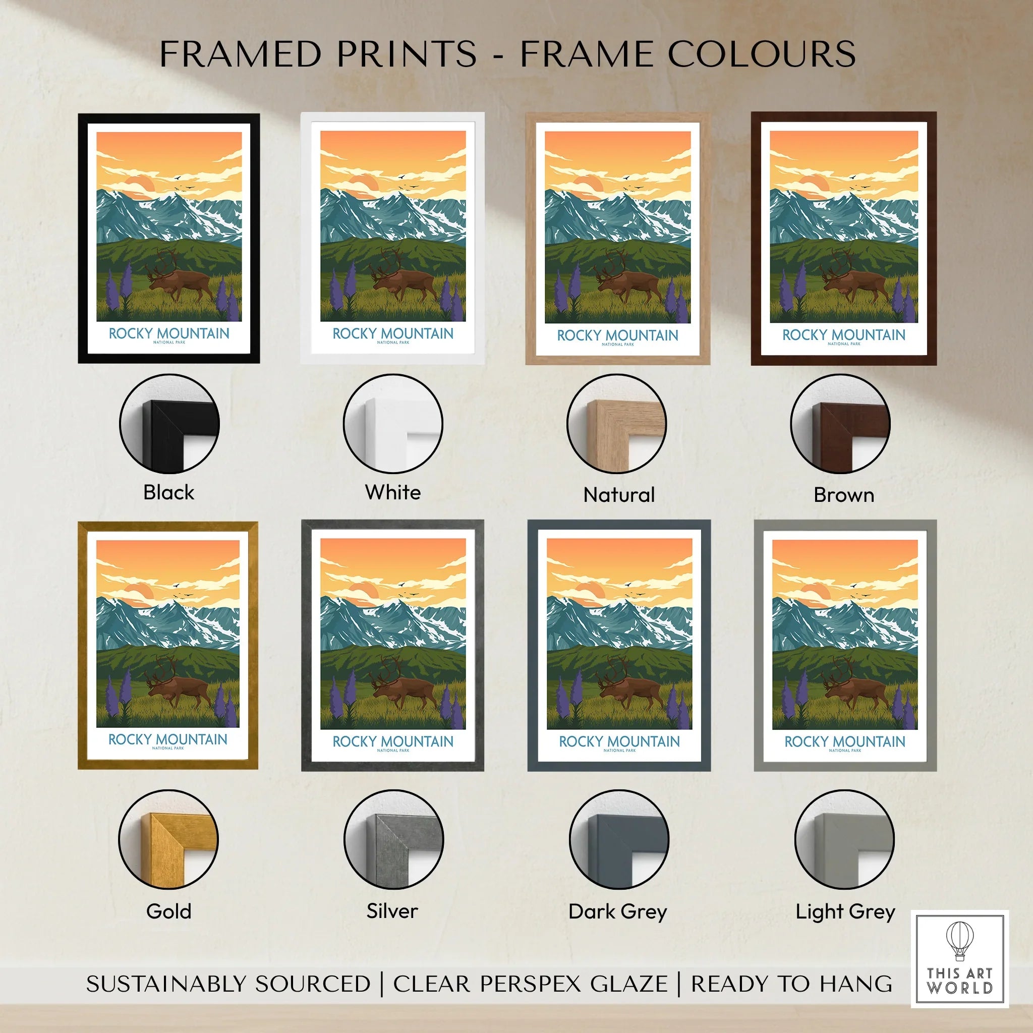 Rocky Mountain framed print wall art in various frame colors, landscape with mountains and elk