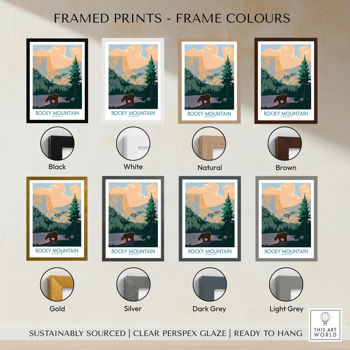 Rocky Mountain art print with bear and mountain landscape in eight frame color options.