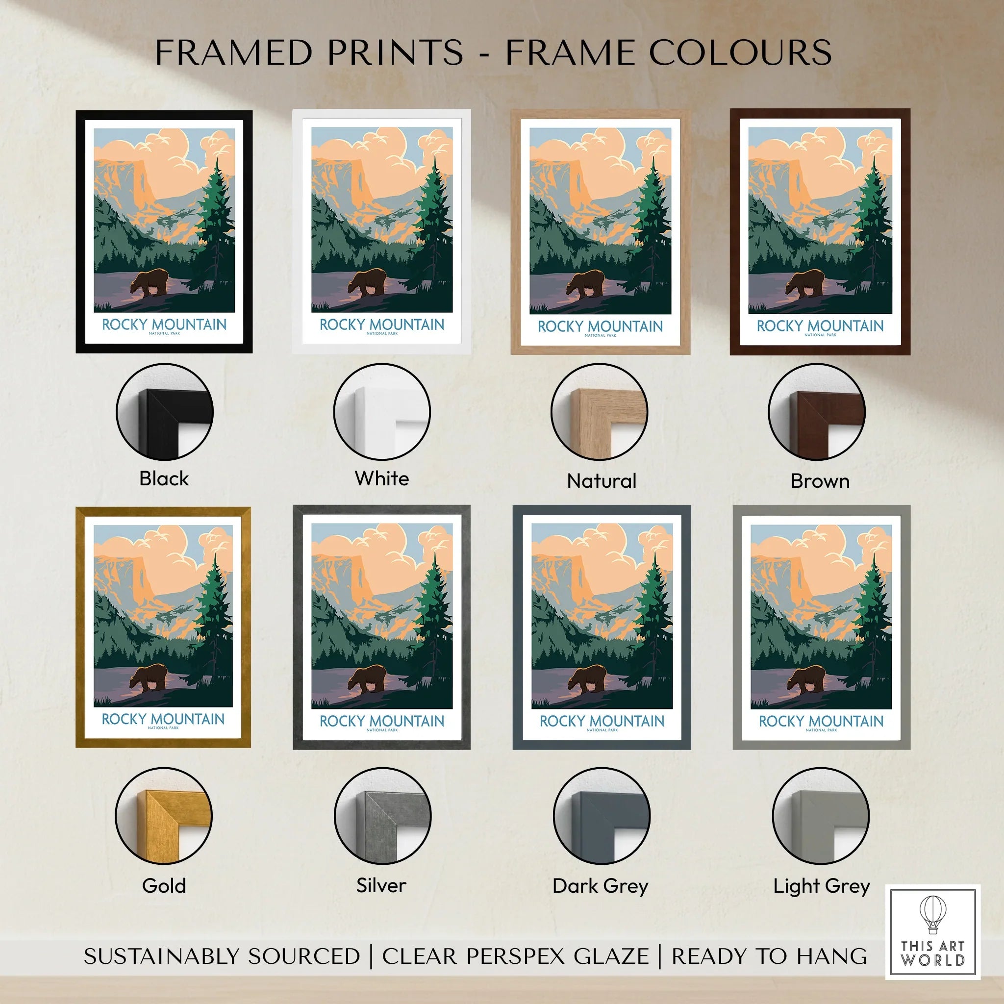 Rocky Mountain art print with bear and mountain landscape in eight frame color options.