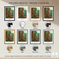 Sequoia National Park art print with eight frame color options including black, white, natural, brown, gold, silver, dark grey, and light grey.