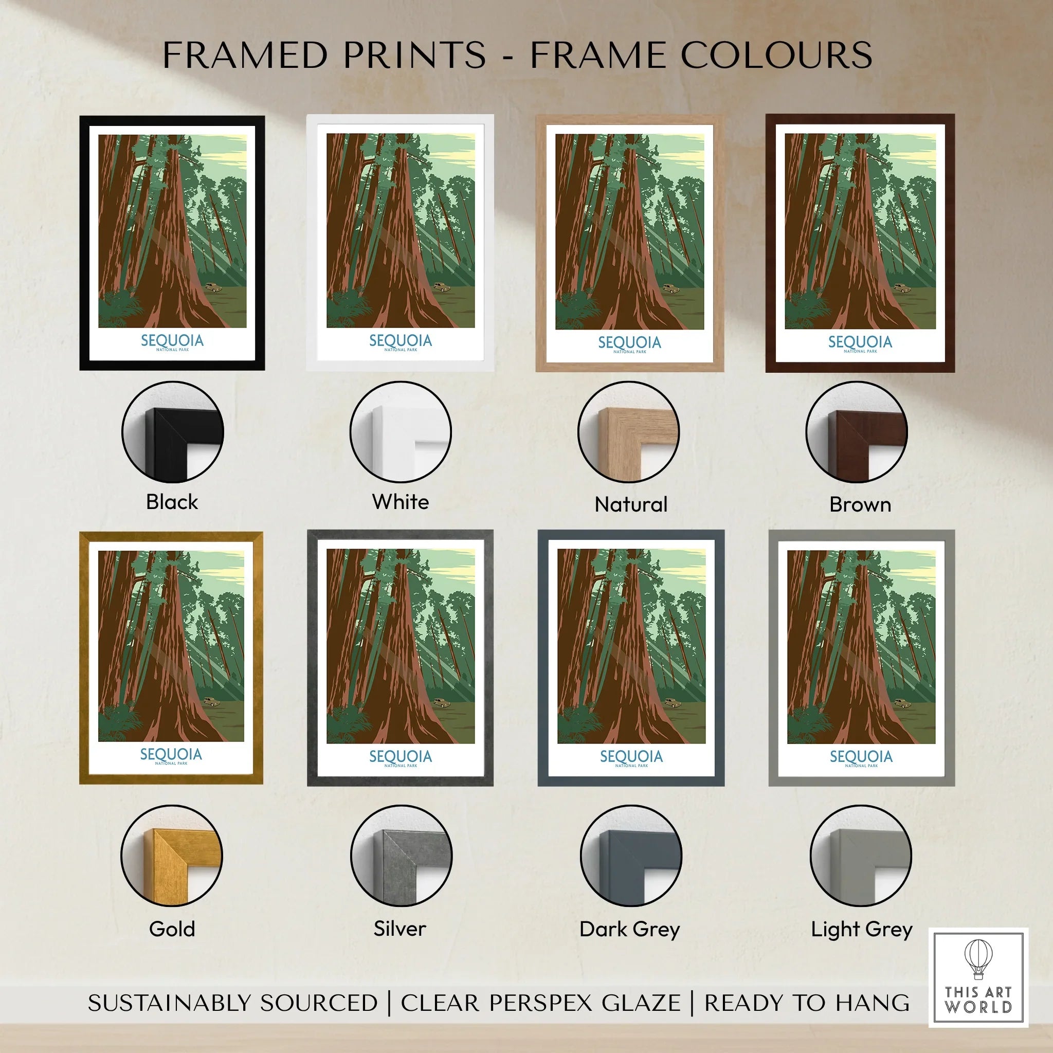 Sequoia National Park art print with eight frame color options including black, white, natural, brown, gold, silver, dark grey, and light grey.