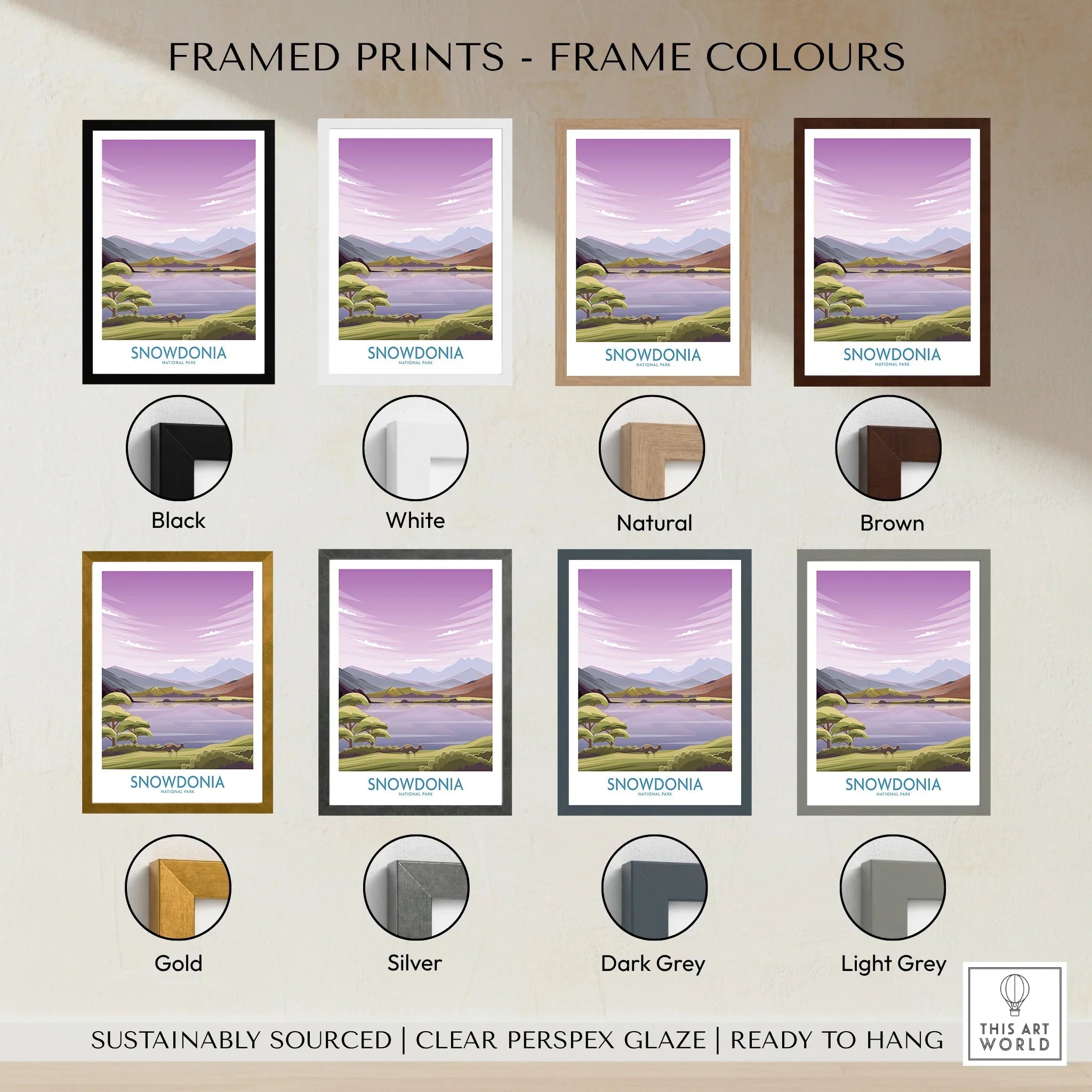 Snowdonia travel poster print with eight frame color options, mountain landscape wall art
