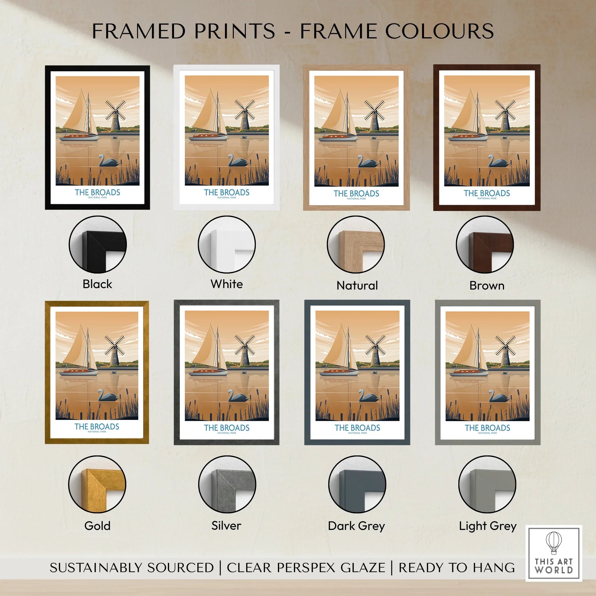 Framed print of The Broads travel poster with sailboat, windmill, swan, and eight frame color options.