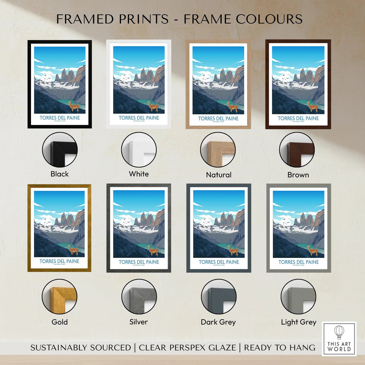 Torres del Paine travel poster print with eight different frame color options shown.