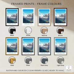 Torres del Paine travel poster print with eight different frame color options shown.