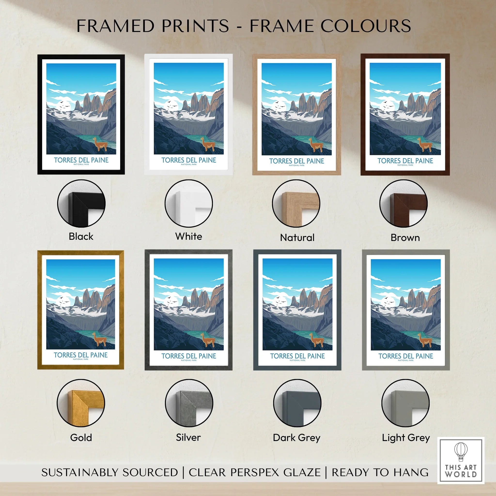 Torres del Paine travel poster print with eight different frame color options shown.
