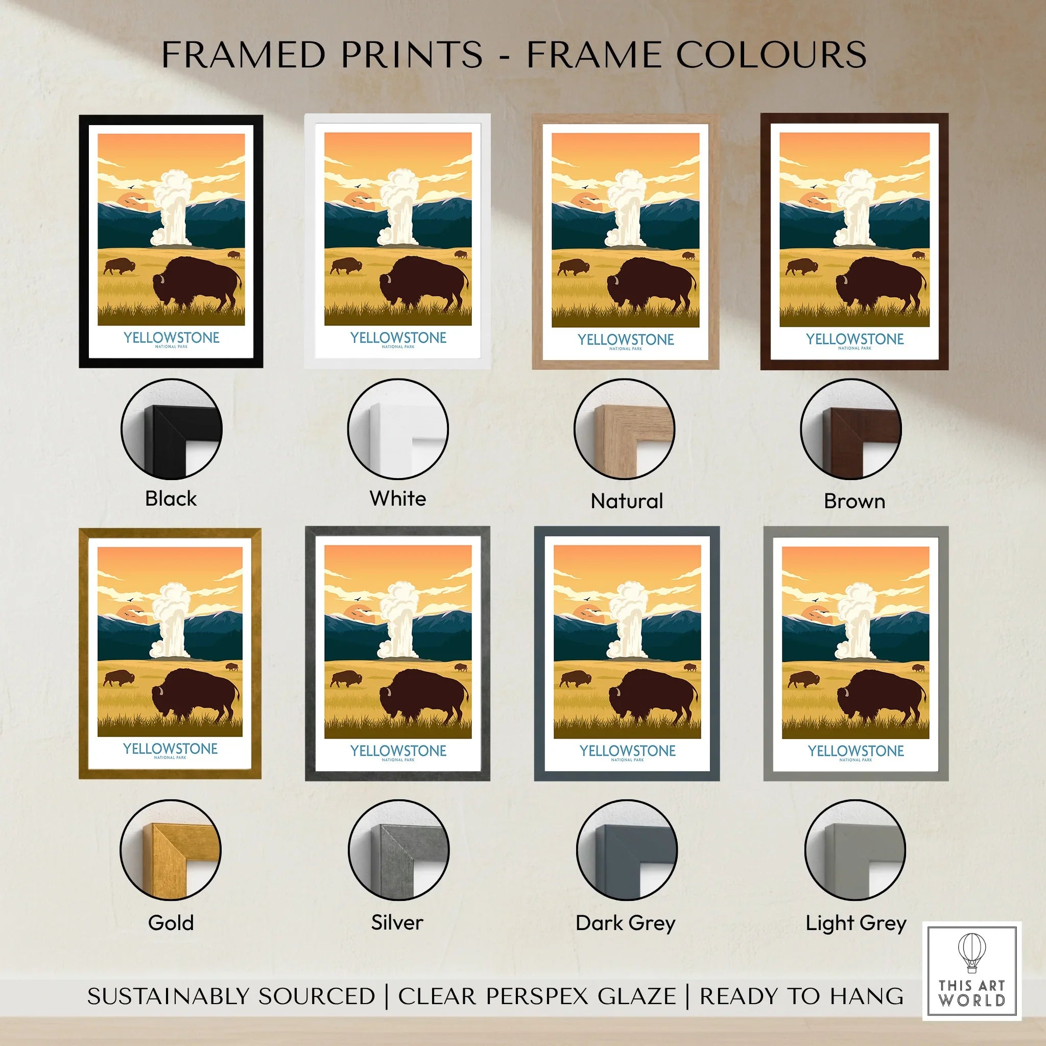Yellowstone National Park poster print with bison, available in eight frame colors.