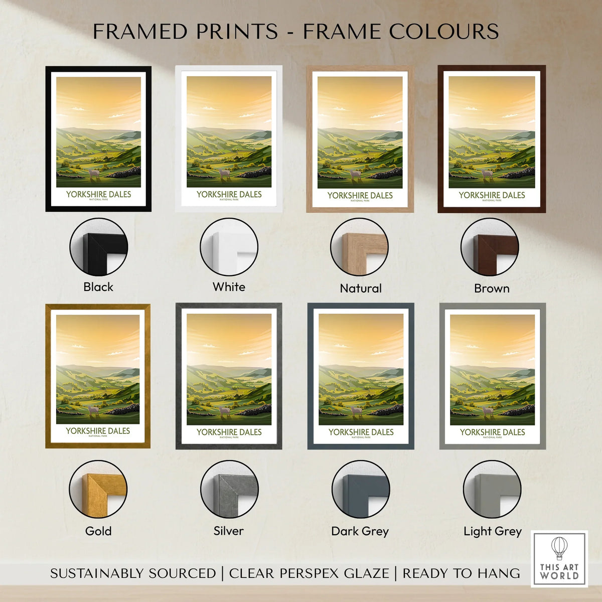 Yorkshire Dales travel poster print in various frame color options, wall art display