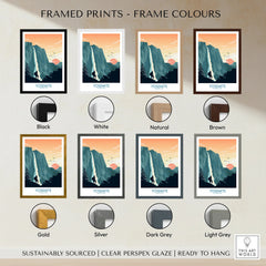 Yosemite National Park travel poster print with eight frame color options: black, white, natural, brown, gold, silver, dark grey, and light grey.